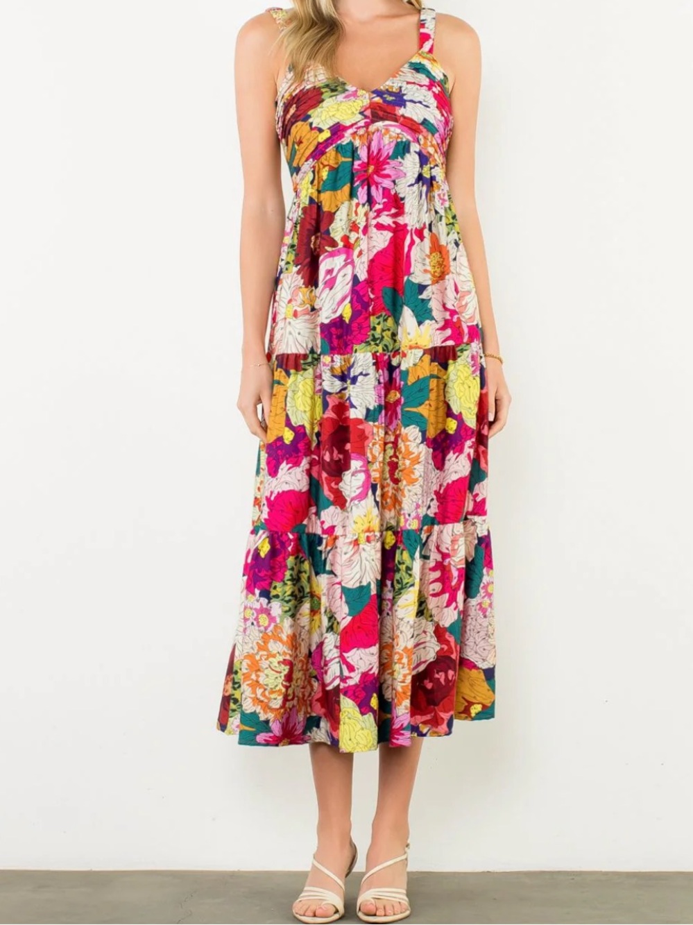 THML Multi-Color Floral Tiered Maxi Dress Anthropologie style Ruched Feminine